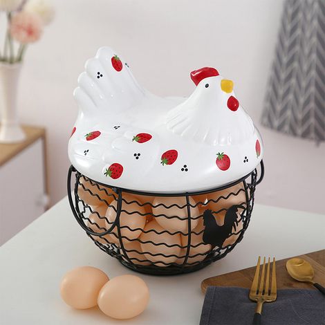 Panier métallique avec couvercle céramique poule et motifs fraises - Pour fruits, œufs et décoration - Modèle Blanc, 19.5×22cm, 1.2kg (1/5)