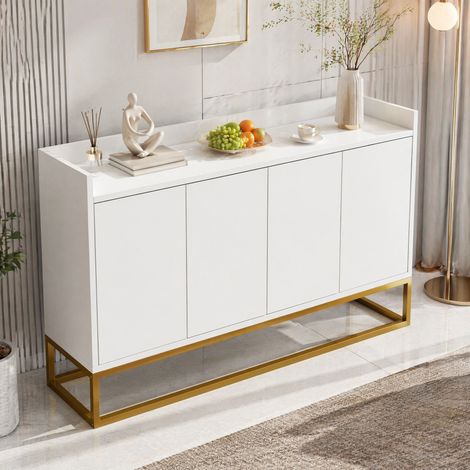 Buffet 4 portes sans poignées avec étagères réglables 120 x 30 x 80 cm blanc HAVRYA (1/5)