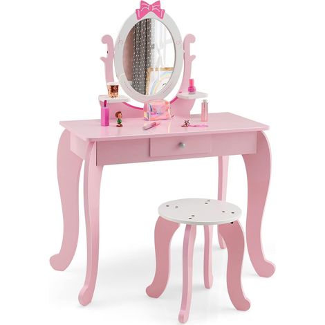 COSTWAY Juego de Tocador de Maquillaje para Niñas, Mesa de Maquillaje con Taburete de Madera 2 en 1, Espejo Ovalado, Cajón, Set de Mesa y Silla de Maquillaje para Niñas de 3 a 7 Años