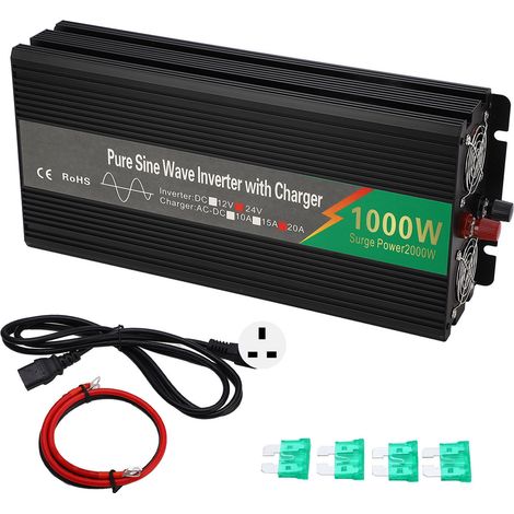 Onduleur 1000W Pur Sinus avec Chargeur, Convertisseur de Tension LCD, Prise UK 220V, Entrée 24V vers Sortie 220V-240V (1/5)
