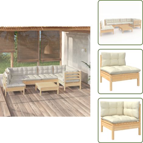 7-tlg. Garten-Lounge-Set mit Creme Kissen Kiefernholz - Gartensaison - Lounge Set - Gartenmöbeln - Outdoor Möbel - Rattan Sessel (1/5)