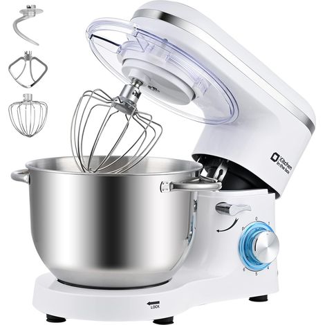 Robot Pâtissier 1400W, Bol 6,2L en Acier Inoxydable, 6 Vitesses, Fouet, Crochet et Batteur Inclus, pour Pâtisserie et Boulangerie (Blanc) (1/5)