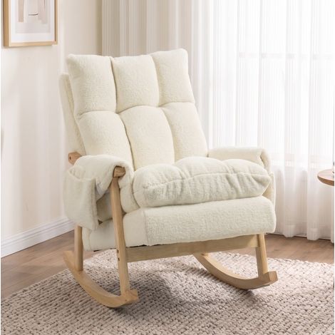 MODFU – Sedia a dondolo 105° in poliestere con tasche laterali, piedini in legno e portata 120 kg – Crema (1/5)