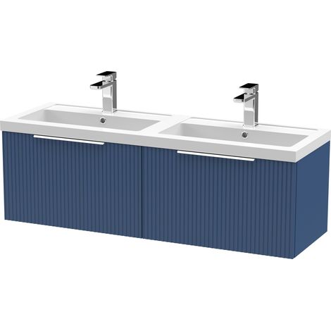 Contemporary Fluted 1200mm Wall Hung 2-Drawer Bathroom Vanity Unit with Double Polymarble Basin, Satin Blue