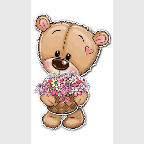 Sticker 3D - Ours mignon avec panier de fleurs - 14x20 cm