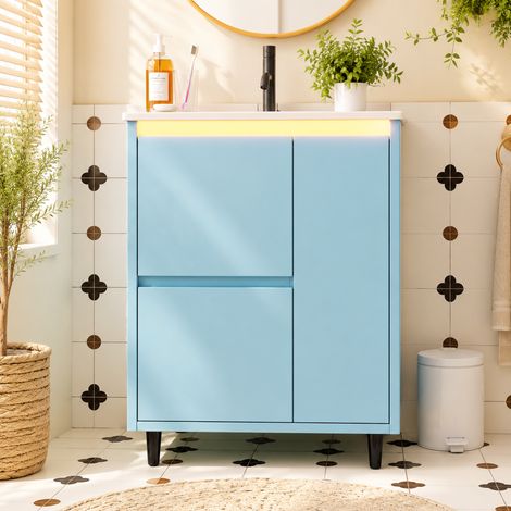 6146,587 cm, meuble vasque de salle de bain autoportant, surface entièrement laquée, vasque en céramique intégrée, charnières à fermeture amortie, deux tiroirs, pieds hauts, bleu. (1/5)