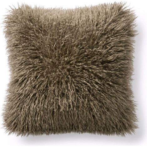 HOMESCAPES Brown Faux Mongolian Fur Cushion, 40 x 40cm (1/4)