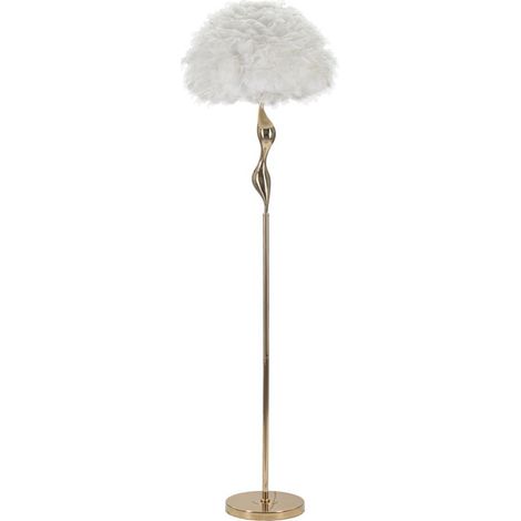 Lampada da terra Slim Bianca con piume bianche e stelo oro decorato