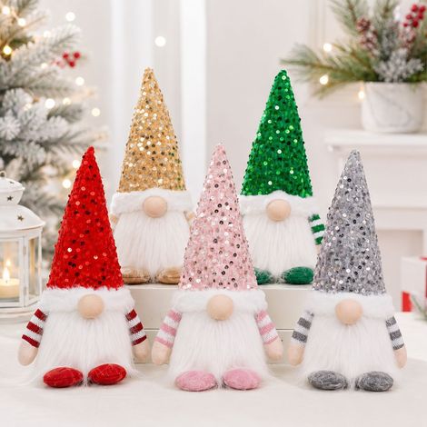 Beleuchteter Gartenzwerg als Weihnachtsdekoration, gesichtsloses Plüschtier mit Paillettenhut, Tischfigur, 5 Farben: Rot, Rosa, Grau, Gold, Grün (1/4)