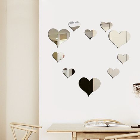 Autocollants Argent muraux miroir en forme de cœur - 10 pièces - en cristal - Décalcomanies murales 3D en acrylique à faire soi-même (1/5)