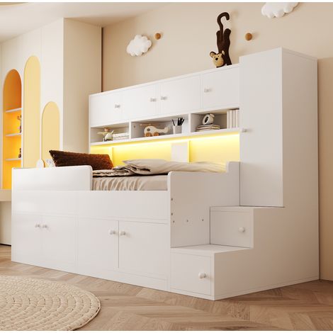 Cama infantil 90x200 cm con armario, almacenaje, escalera y LED blanca DESVIAE (1/5)