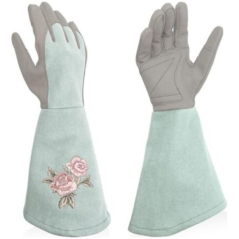 Gants de jardinage pour femme - Gants de travail longs en cuir synthétique, doigts longs, résistants aux perforations, pour le jardinage, bleu clair, taille L (1/5)
