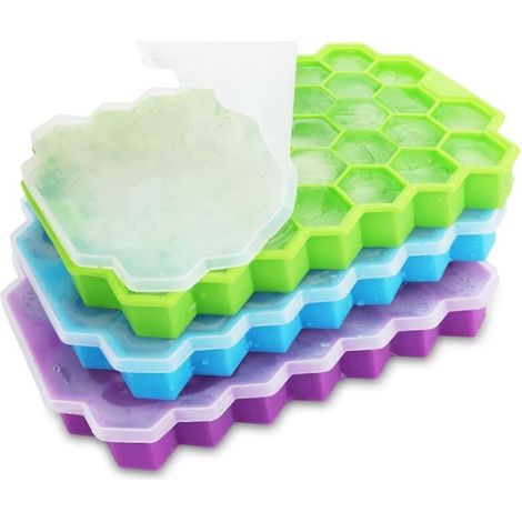 Set mit 3 Silikon-Eiswürfelformen mit Deckeln - Blockeiswürfelform 111 für einfaches Herauslösen, perfekt für Whisky, Babynahrung, Bier und Früchte (grün, blau, lila) (1/5)