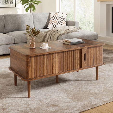 Table basse 100x48 cm avec plateau relevable, porte coulissante rainurée, rangement et pieds en bois, MDF, Effet noyer (1/5)