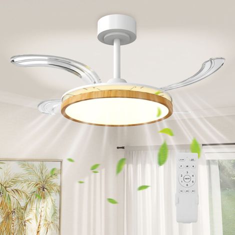 Ventilateur plafond LED moderne 95 cm, pales rétractables en bois naturel, plafonnier avec télécommande silencieuse, design scandinave pour salon et chambre. (1/5)