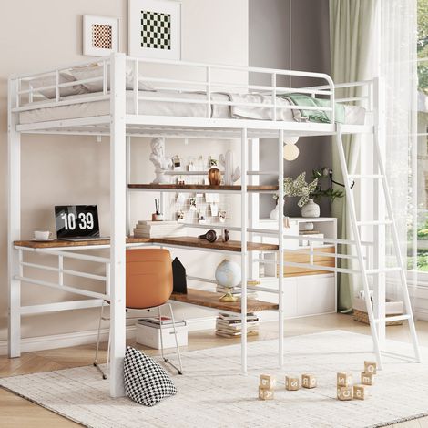 MEUBLIV Lit mezzanine 90x200 cm blanc – avec bureau et rangements, sans matelas (1/5)