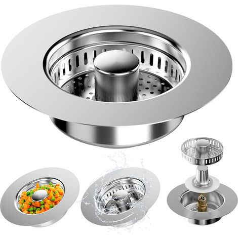 3-in-1 Küchenspülenablauf mit Sieb – Edelstahl – Für Küchenspülen – Lochdurchmesser 75–87 mm – Tiefe 37 mm (1/5)