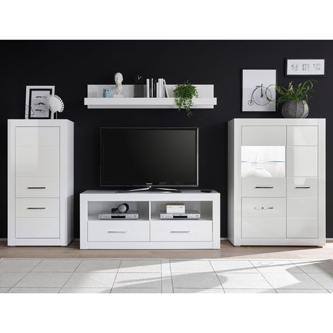Wohnwand-Set BALVE-61 in weiß Hochglanz mit Highboard BxHxT: 335x170x46cm (1/5)