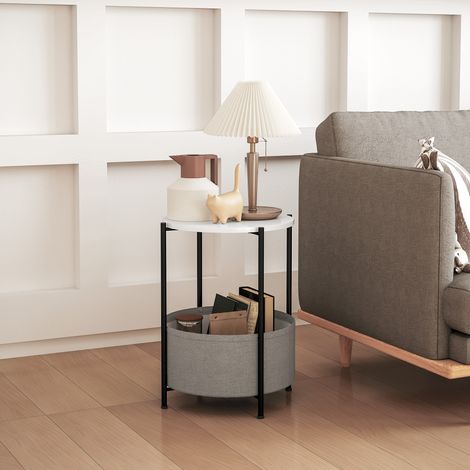 Runder Beistelltisch mit Stoffkorb, 2-stufiger Kaffeetisch für Wohnzimmer, Schlafzimmer, kleine Räume, Metall, Grau+Weiß (1/5)