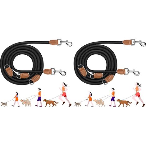 Laisse Réglable 3 m, Laisse Multifonctionnelle 3 Points Robuste pour 2 Chien, Longe pour Chien de Petite à Grande Taille pour Promenade, Dressage, Entraînement, Noir (Lot de 2)