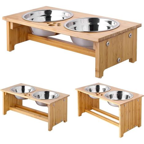 Gamelles surélevées - pour Chiens et Chats - Supports surélevés en Bambou avec 2 gamelles d'eau et de Nourriture en Acier Inoxydable - avec Pieds antidérapants (1/5)