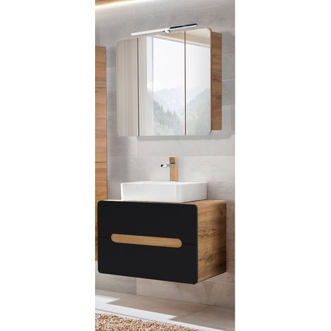 Badmöbel Waschplatz Set mit Keramik-Waschbecken NEW-LUTON seidenmatt anthrazit mit Wotan Eiche Nb., B/H/T ca. 80/200/46 cm (1/5)