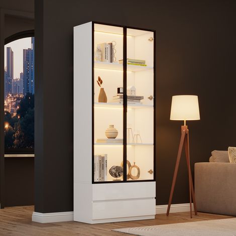 Vitrina alta con LED controlable por app, 2 puertas de vidrio y 2 cajones, 80x34x200 cm, mueble expositor blanco de MDF para salón o despacho – CHICFURN (1/5)