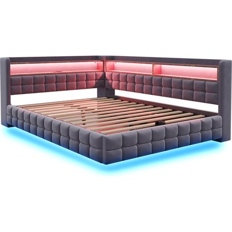 Cama con almacenaje capitoné 140 x 200 cm en terciopelo gris, LED, USB-C y elevación hidráulica (1/5)