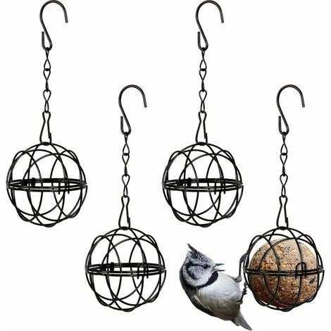 4pcs Mangeoires Oiseaux à Suspendre en Métal Porte Boule de Graisse à Oiseaux Intérieur Extérieur Noir 7cm de Diamètre Distributeur Nourriture (1/5)