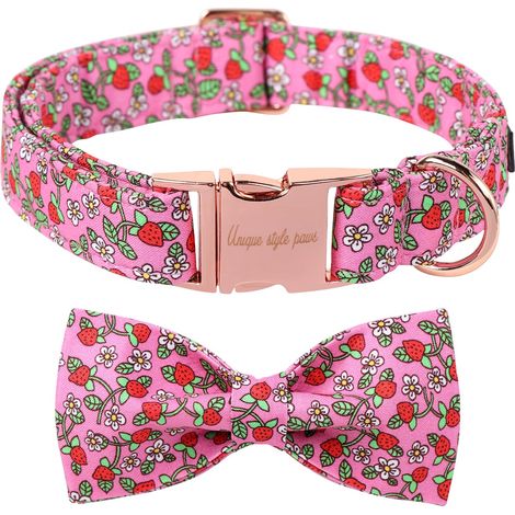 Collier d'été pour chien avec nœud papillon rose fraise - Collier et laisse pour collier anti-mouches - Large chaîne - Cadeau pour petits, moyens et grands chiens - Taille L (1/5)