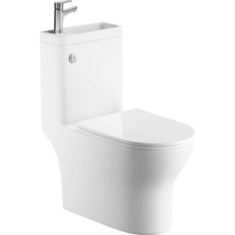 Rue Du Bain – Cuvette WC à poser monobloc avec lave-mains intégré 37x70 cm – Céramique antibactérienne – Sortie horizontale – Économie d'eau 3/6 litres (1/4)