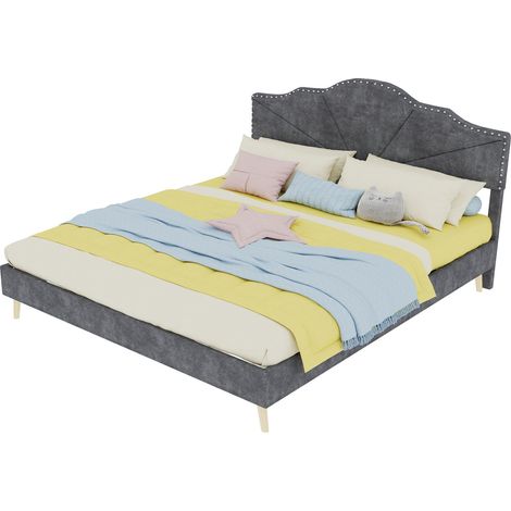 CHICFURN Cama de matrimonio 160x200 cm de tejido y metal gris, cabecero, con colchón (1/5)