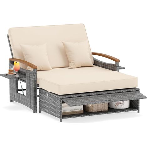 Canapé à 2 Places en Rotin avec Ottoman de Rangement et Coussins, Charge 360KG, Plateau Latéral Pliant, Dossier Réglable 4 Positions, Jaune(Style C) (1/5)
