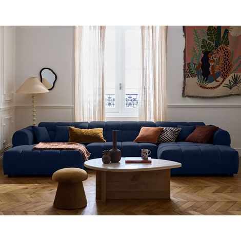 Lisa Design – Canapé panoramique en U 7 places – Tissu texturé bleu – Dossier incurvé pour soutien optimal – Fabrication européenne