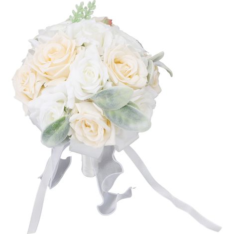 Bouquet nuptial à main blanc en fausse rose et ruban souple pour mariée demoiselle d'honneur déco fête mariage (1/5)
