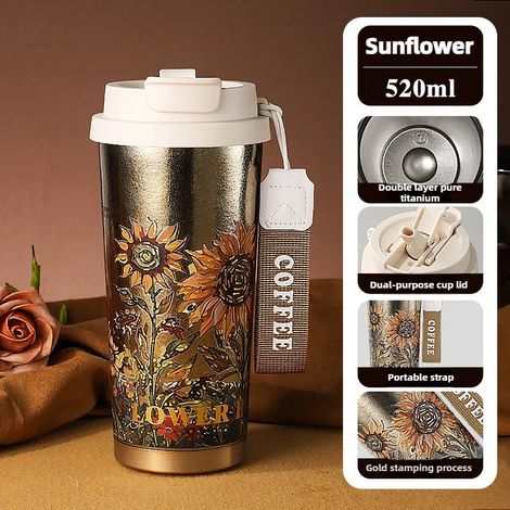 (Motif tournesol, 520 ml) Mug isotherme sous vide avec couvercle étanche, idéal pour le café. (1/5)
