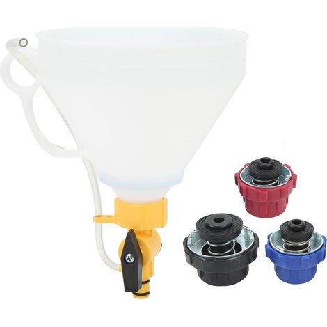 Kit de remplissage de liquide de refroidissement pour radiateur avec entonnoir anti-déversement et 3 adaptateurs, compatible Ford. (1/5)