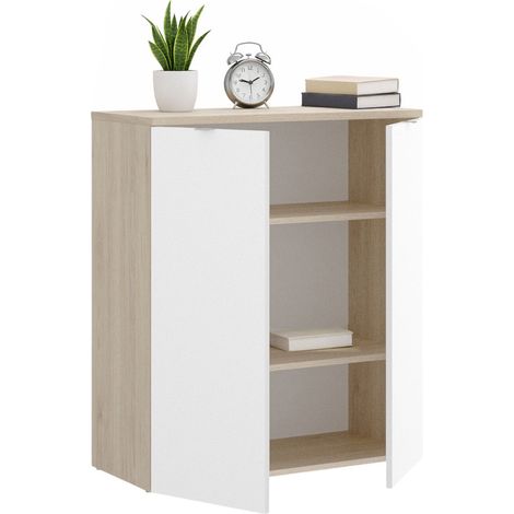 Dmora - Armadio multiuso Gaviola, Mobile basso multifunzione, Armadietto a 2 ante, 79x40h96 cm, Bianco e Rovere, con imballo rinforzato