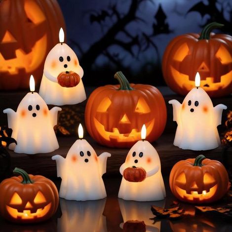Lot de 2 bougies LED - Fausses bougies - Bougies d'Halloween sans flamme - Effet fantôme - Flamme vacillante 3D - Minuteur 6 heures - Fonctionne sur piles - Décoration et cadeau d'Halloween - Pour che (1/5)