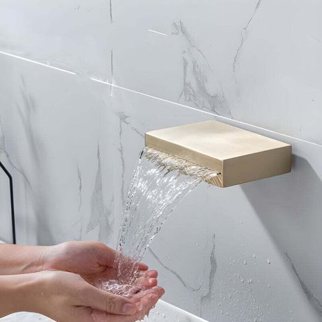 Luxury Brushed Gold Waterfall Wall Mounted Faucet Dual Hot and Cold Control Concealed Design Ideal for Modern Bathroom Sink MUMU (1/4)