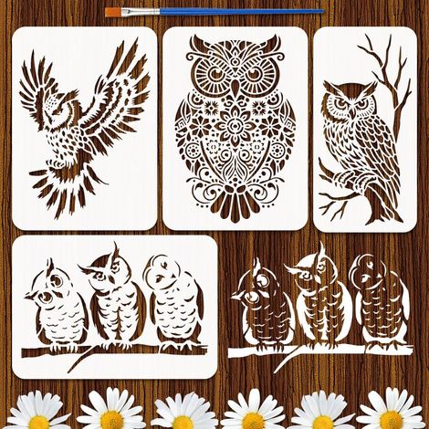 4Pcs Pochoir de Peinture Hibou 2 Tailles Réutilisables en Pet pour Peindre de Jolis Hiboux Motifs Floraux Modèles de Dessin Avec Un Pinceau pour Murs Tissus Meubles Artisanaux Halloween (1/5)
