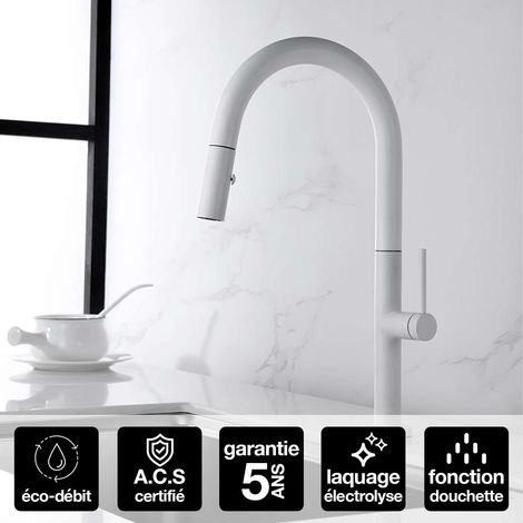 Robinet Mitigeur de Cuisine anti-calcaire avec Douche anti-calcairette Blanc Mat IMEX SAMOA GCE017/BL (1/4)