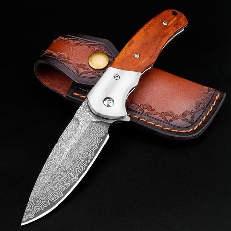 Damast Taschenmesser Klappmesser mit Holzgriff und Lederscheide