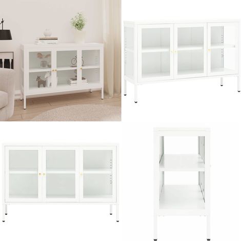 Buffet Blanc 105x35x70 cm Acier et verre - Buffet Blanc - Meuble De Rangement - Armoire Laterale - Vitrine - Mobilier Moderne - Home & Living (1/5)