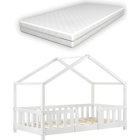 Kinderbett Treviolo 70x140 cm mit Kaltschaummatratze und Gitter Weiß [en.casa]