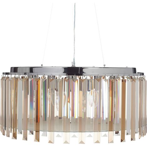 Lustre Plafonnier Éclairage Salon Salle à Manger en Métal Argenté avec Cristaux de Verre Finition Chromée Lameira