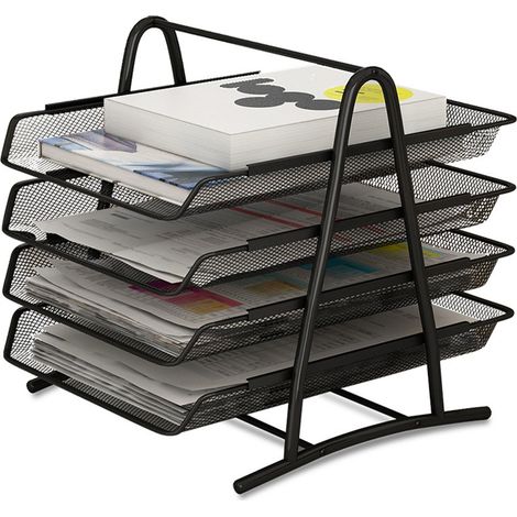 Plateau de bureau à documents en métal noir, 4 niveaux, avec support en maille métallique pour papier et lettres, idéal pour la maison, les études ou l'école. (1/3)