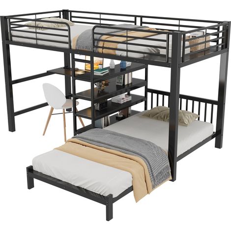 Lit superposé enfant 90x200 cm 2 couchages, bureau intégré, étagères et rangement tête de lit, prises usb type-c, structure fer, noir (1/5)