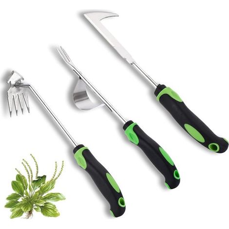 Ensemble de 3 arrache-mauvaises herbes manuelles en acier inoxydable - Arracheur de mauvaises herbes - Outils de jardin - Désherbeur - Avec poignée en caoutchouc - Pour jardin, terrasse, parterres de (1/5)