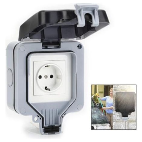Prise étanche, indice IP66, 16 A, avec couvercle anti-poussière pour jardins, murs extérieurs, salles de bains, cuisines, caves, buanderies et garages. (1/5)